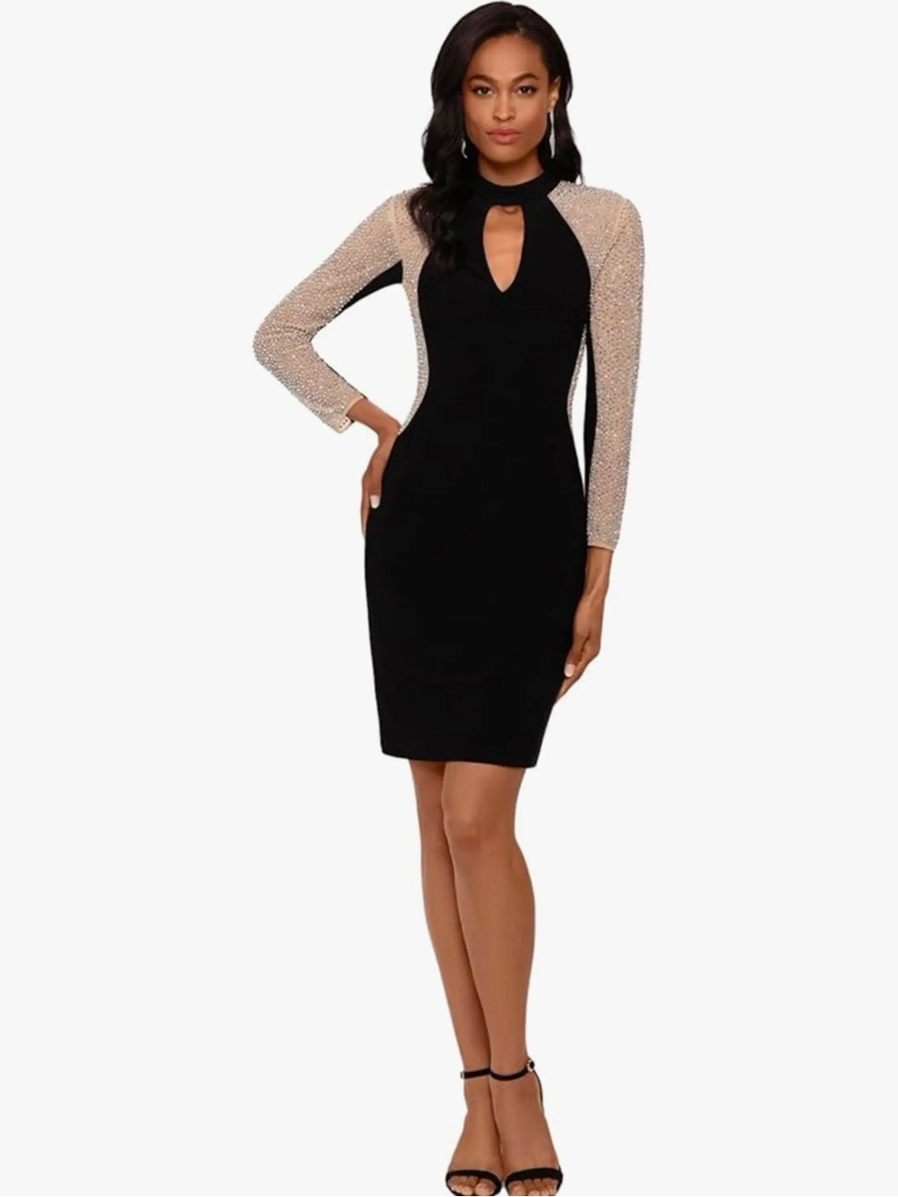 Xscape Black Dress with Beaded Champagne Sheer Sleeves